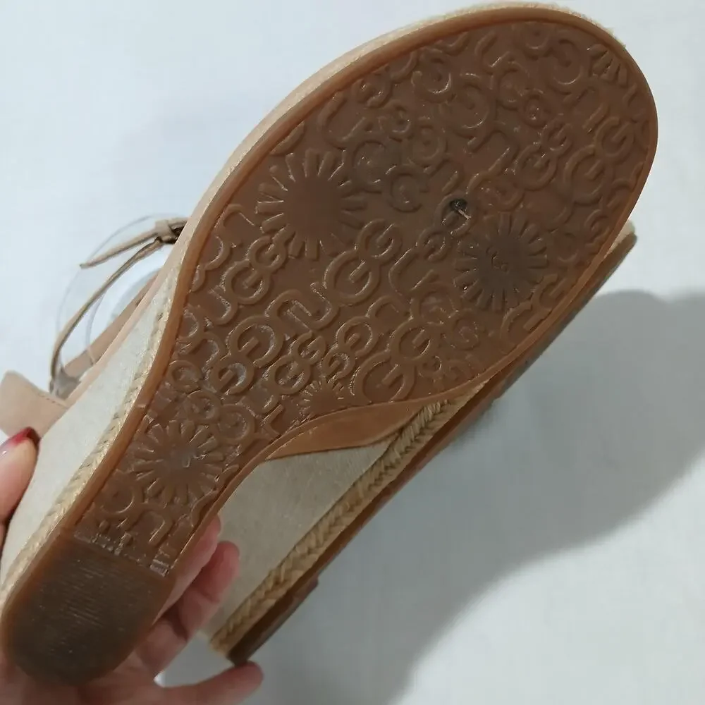 UGG Wedge Sandals Womens 9 Tan Leather Ankle Strap Espadrille - Picture 8 of 10